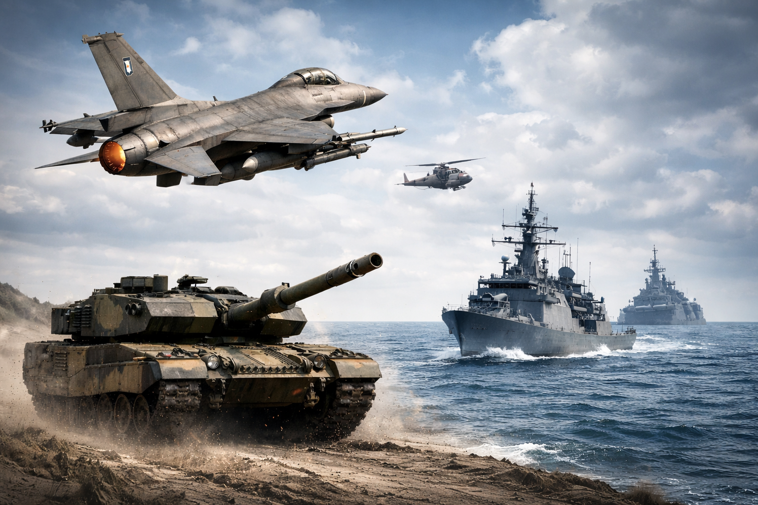 Εικόνα με αεροπλάνο, τανκ και πλοία για τον πολιτικό τομέα της Άμυνας